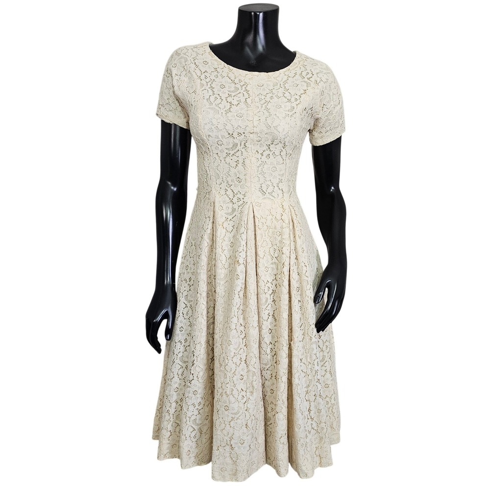 Vintage 50s Ivory Lace Fit Flare Princess Dress Atlas Metal Zip XS FLAWED
